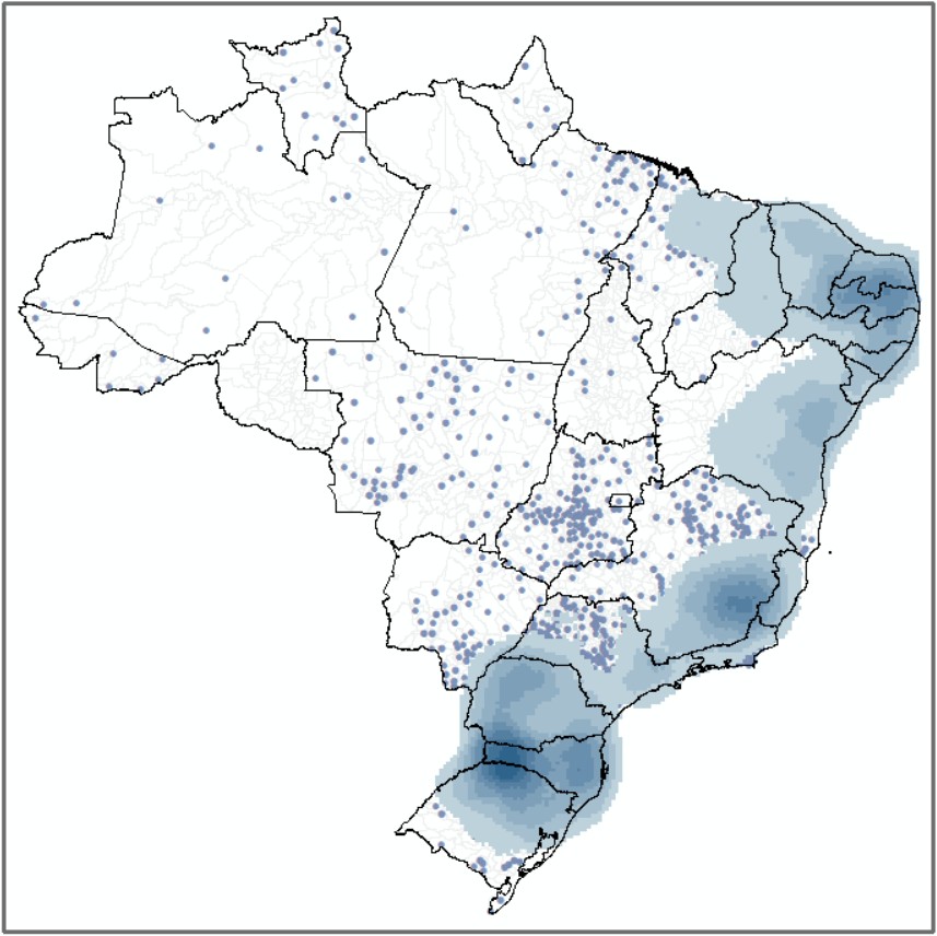 Figura 3. Áreas de desastres meteorológicos e hidrológicos recorrentes entre as décadas de 1980, 1990, 2000 e 2010 (manchas azuis) e áreas de aumento de intensidade desses eventos nas últimas duas décadas (2000-2010) (pontos azuis). A década de 1980 corresponde ao período de 1980 a 1989, a década de 1990 ao período de 1990 a 1999 e assim sucessivamente. (Foto: TNC Brasil)