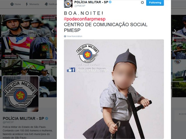 Foto da bebê publicada no Twitter e Facebook da Policia Militar de São Paulo (a distorção do rosto foi feita pelo G1) (Foto: Reprodução/Twitter)