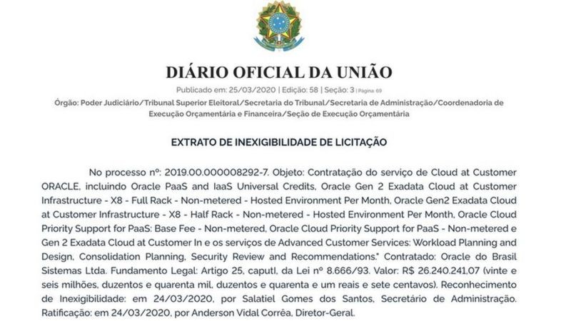 Contrato do TSE com a Oracle do Brasil Sistemas, responsável pelo serviço (Foto: Reprodução/BBC)