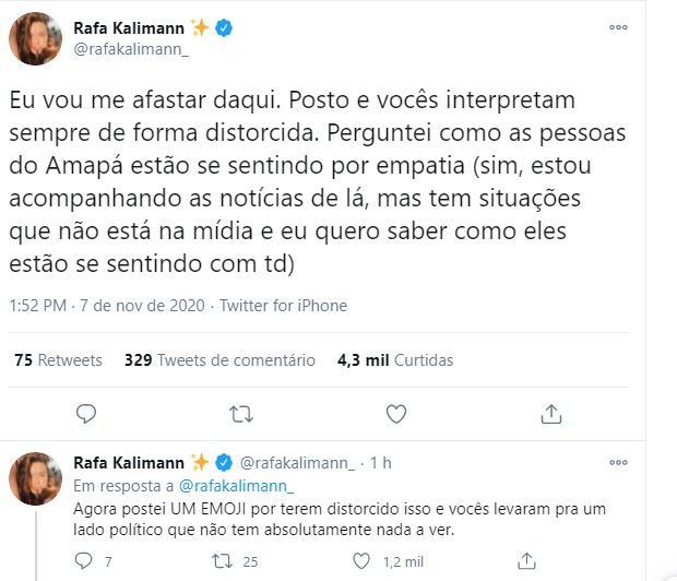 Rafa Kalimann desabafa (Foto: Reprodução/Twitter)
