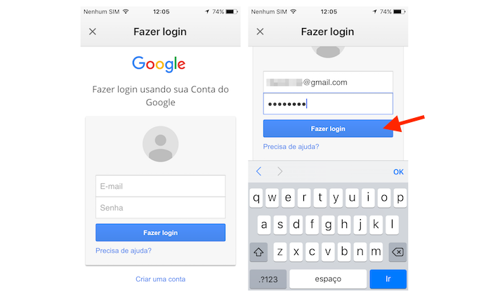 Realizando login no aplicativo do Gmail para iPhone (Foto: Reprodução/Marvin Costa)