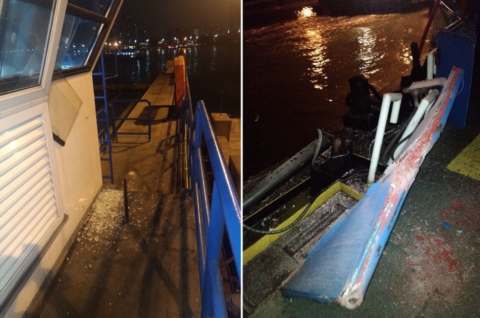  Balsas da travessia Santos-Guarujá foram danificadas ao serem atingidas por navio. (Foto: G1 Santos)