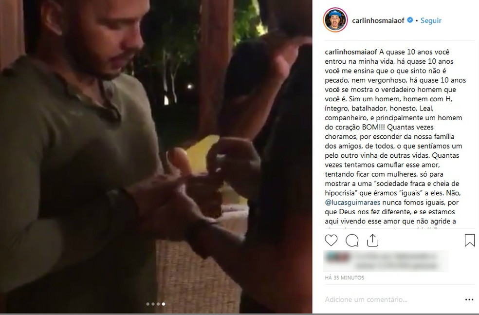 Carlinhos Maia pediu namorado, Lucas Guimarães, em casamento; vídeo com pedido fou publicado nas redes sociais — Foto: Reprodução/Instagram
