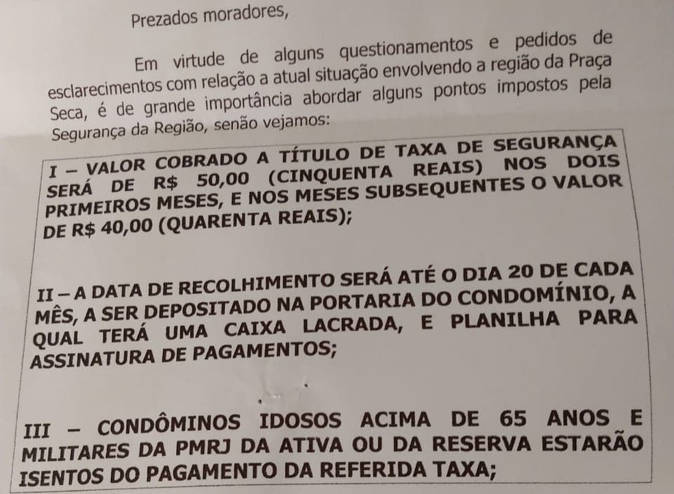 Circular deixa explícitas regras de milicianos para cobranças na Praça Seca — Foto: Arquivo pessoal