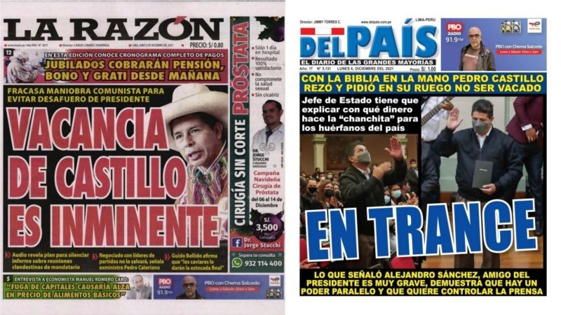 Capas de jornais populares do Peru noticiam possibilidade de impeachment de Castillo (Foto: Reprodução via BBC News)