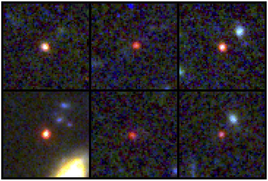 Seis galáxias massivas candidatas, vistas de 500 a 800 milhões de anos após o Big Bang. Uma das fontes (canto inferior esquerdo) pode conter tantas estrelas quanto a atual Via Láctea, mas é 30 vezes mais compacta