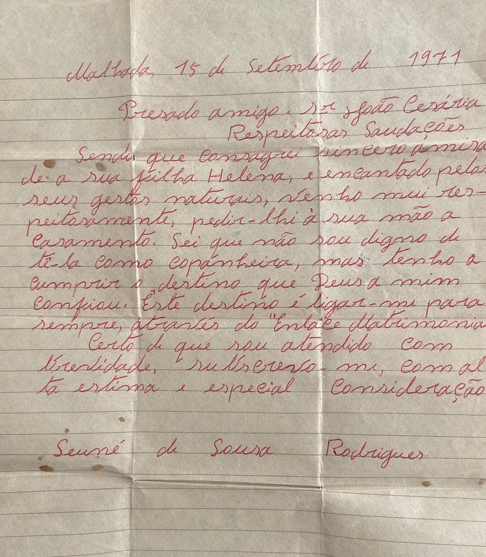Pedido de casamento foi escrito em 1971, no Sul do Piauí — Foto: Arquivo Pessoal