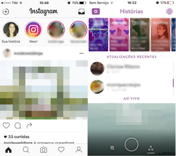 À direita interface do Snapchat e à esquerda layout do Instagram