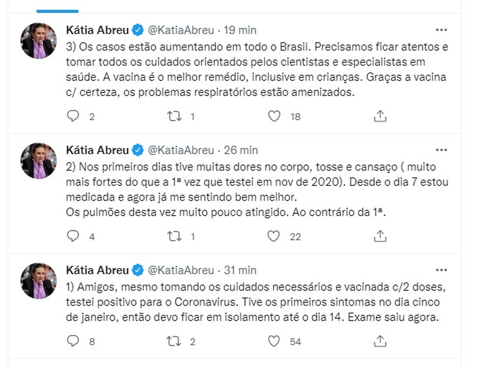 Senadora Kátia Abreu publicou diagnóstico em rede social — Foto: Reprodução/Twitter