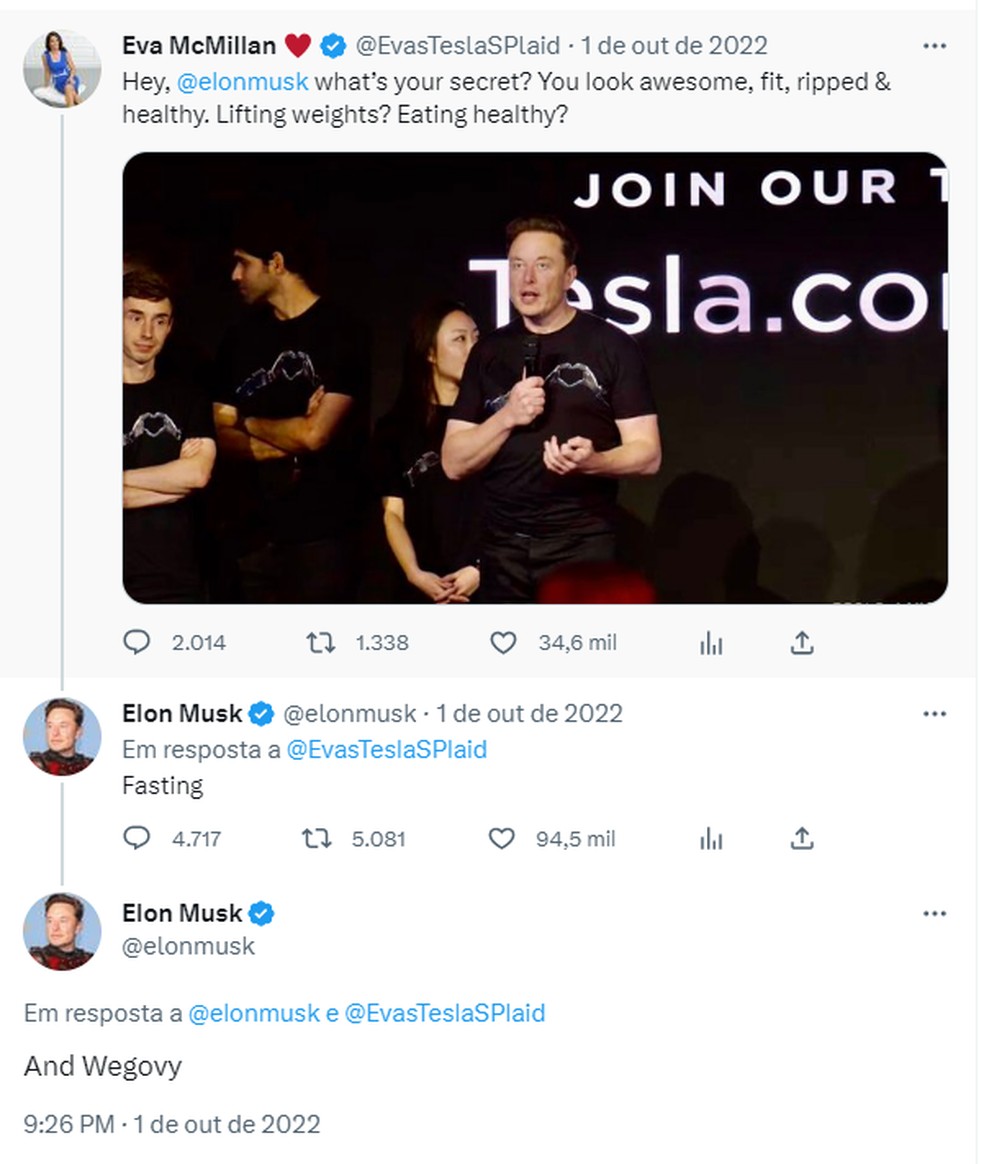 Tuíte de Musk sobre o Wegovy, em outubro de 2022. — Foto: Twitter/Reprodução