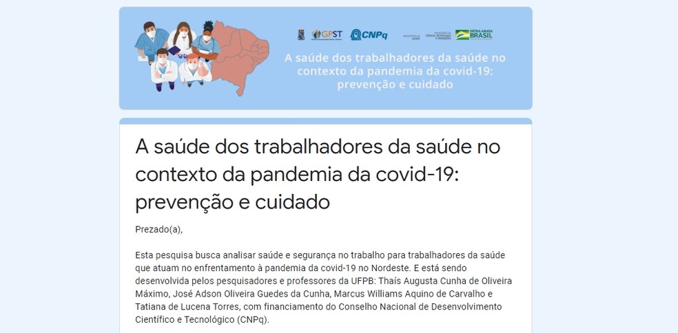Estudo da UFPB aplica questionário para avaliar saúde e segurança de trabalhadores da linha de frente contra Covid-19 — Foto: Reprodução/Grupo de Pesquisa em Subjetividade e Trabalho (GPST)