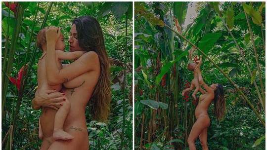 Thaila Ayala posa nua com o filho em ensaio em meio à natureza