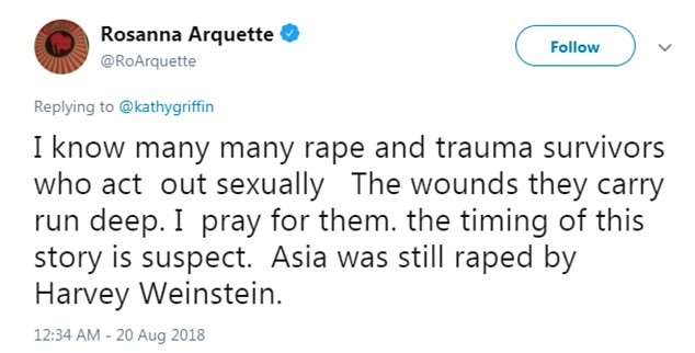 O post de Rosanna Arquette acusando o produtor Harvey Weinstein de envolvimento nas denúncias contra Asia Argento (Foto: Twitter)