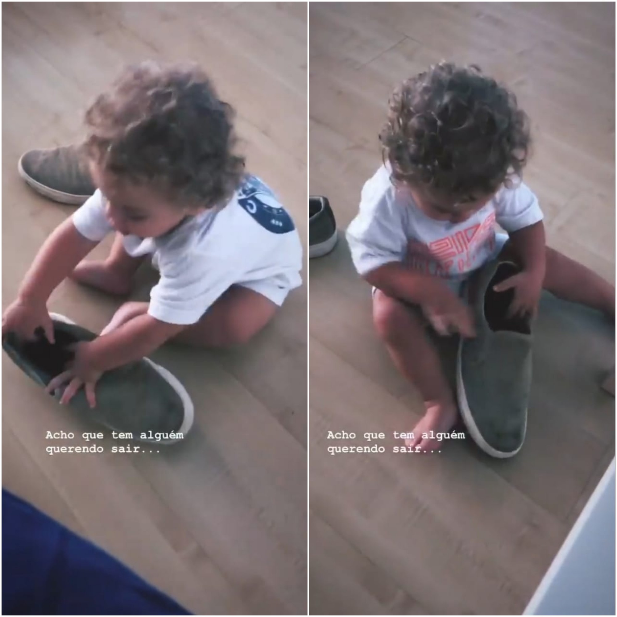 Vicente, de 1 ano, filho de Felipe Simas e Mariana Uhlmann, aparece tentando calçar o sapato do pai em vídeo compartilhado no Instagram (Foto: Reprodução/Instagram)