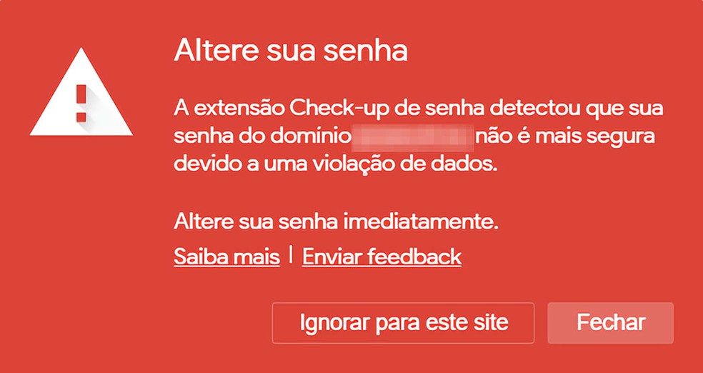 Alerta exibido pela extensão Check-up de senha: janela vermelha no canto da tela do navegador. — Foto: Reprodução