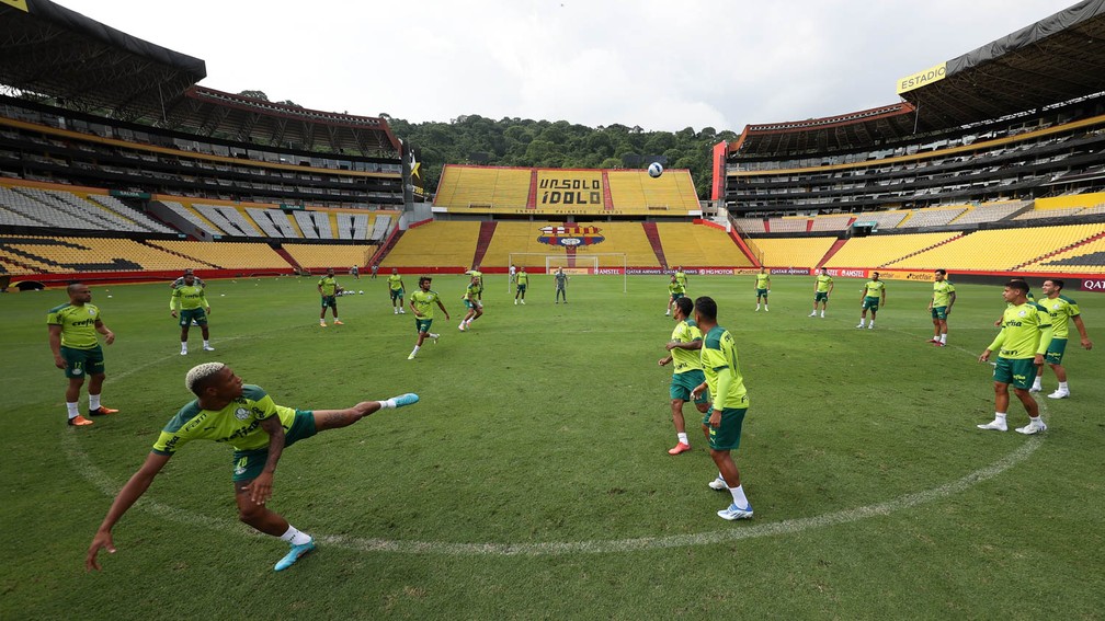 Jogadores do Palmeiras durante treino no Equador — Foto: Cesar Greco/Palmeiras
