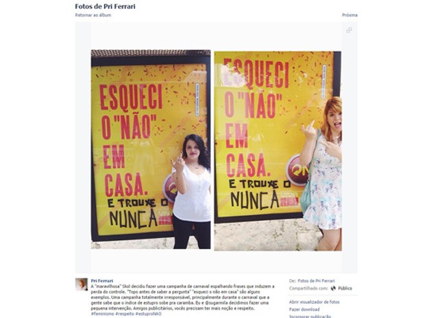 Internauta divulgou protesto contra campanha da Skol, acusando a marca de apologia ao estupro.  (Foto: Reprodução/Facebook)