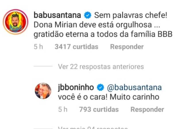 Boninho e Babu Santana trocam elogios (Foto: Reprodução/Instagram)