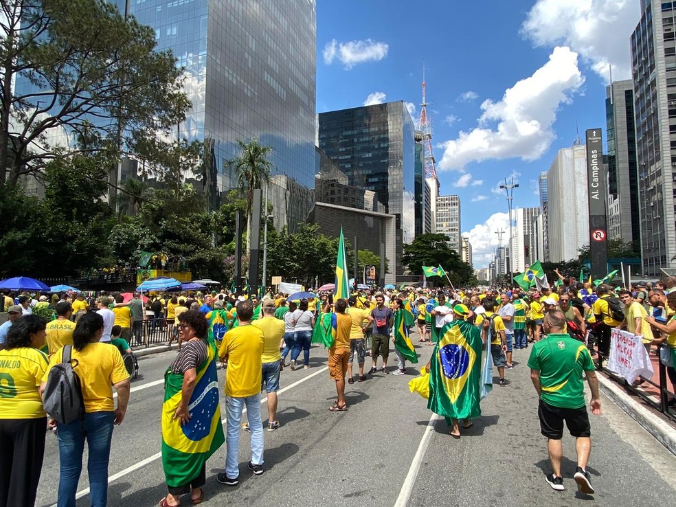Manifestantes em ato pró-governo na Avenida Paulista neste domingo (15) — Foto: Patrícia Figueiredo/G1