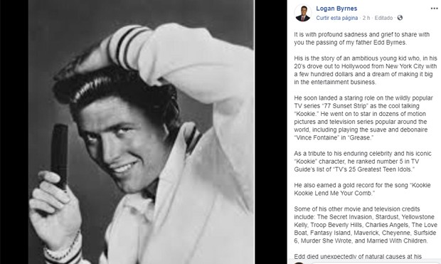 Logan Byrnes anuncia a morte do pai, o ator Edd Byrnes (Foto: Reprodução/Facebook)