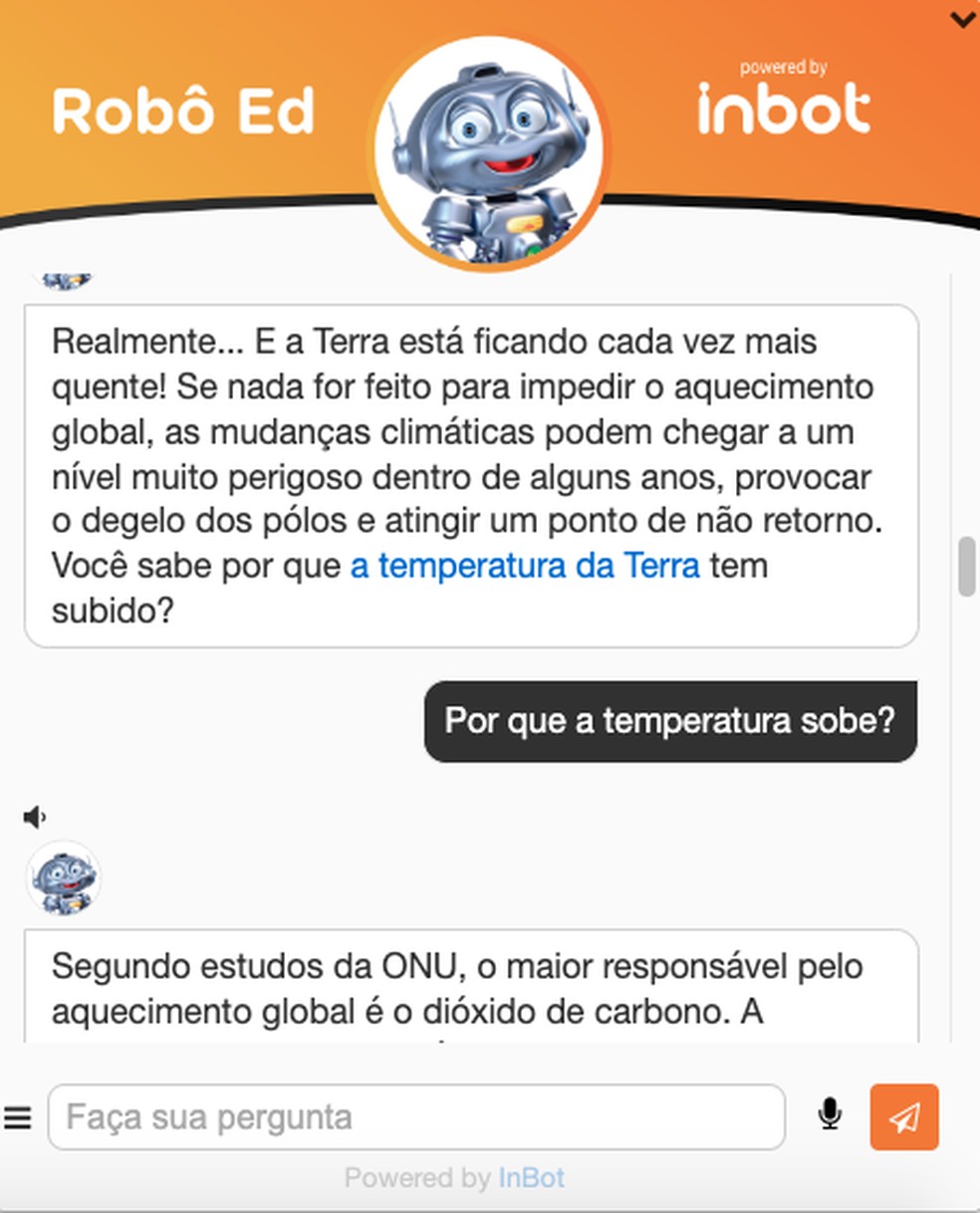 Caso clique em uma das expressões interativas do Robô Ed, uma pergunta automática será feita e o chatbot vai se aprofundar no tema — Foto: Reprodução/InBot