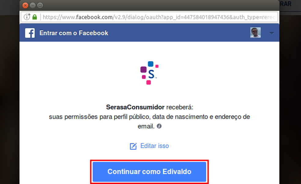 Conceda as permiss&otilde;es ao SerasaConsumidor em contas de redes sociais (Foto: Reprodu&ccedil;&atilde;o/Edivaldo Brito)