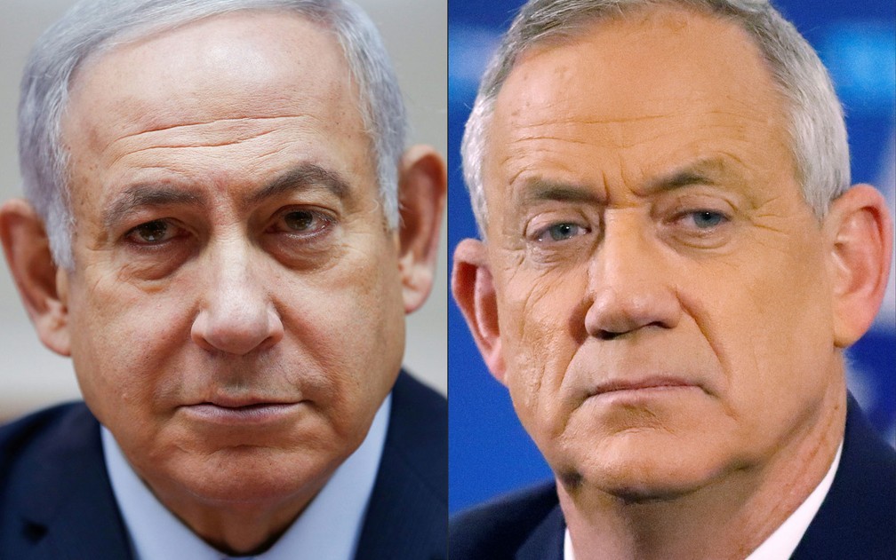 Benjamin Netanyahu, do Likud, e Benny Gantz, do Azul e Branco, candidatos ao cargo de primeiro-ministro de Israel — Foto: Jack Guez, Oded Balilty / AFP