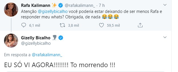 Gizelly Bicalho e Rafa Kalimann trocam mensagens (Foto: Reprodução/Twitter)
