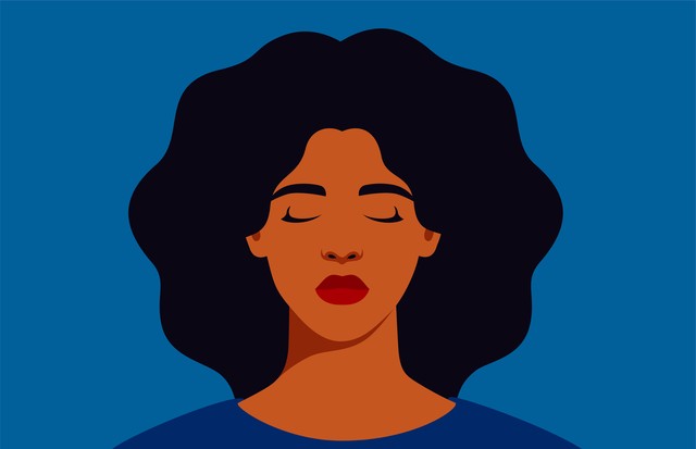 Sad black woman with closed eyes on a blue background. Portrait of weeping girl emotions grief. Unhappy African American female feels depression. Mental health concept. Vector illustration (Foto: Getty Images/iStockphoto)