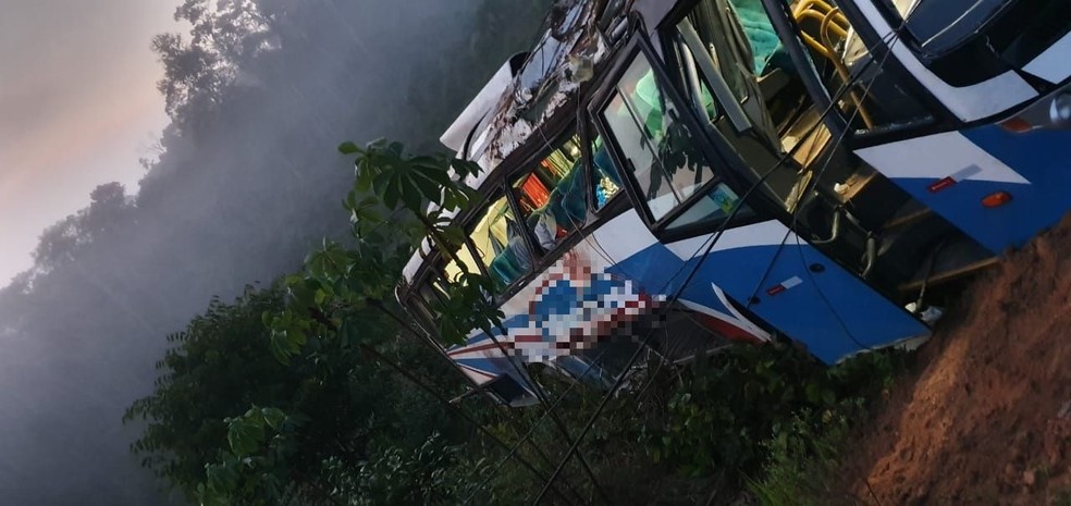 Ônibus caiu em ribanceira após capotar. — Foto: Divulgação