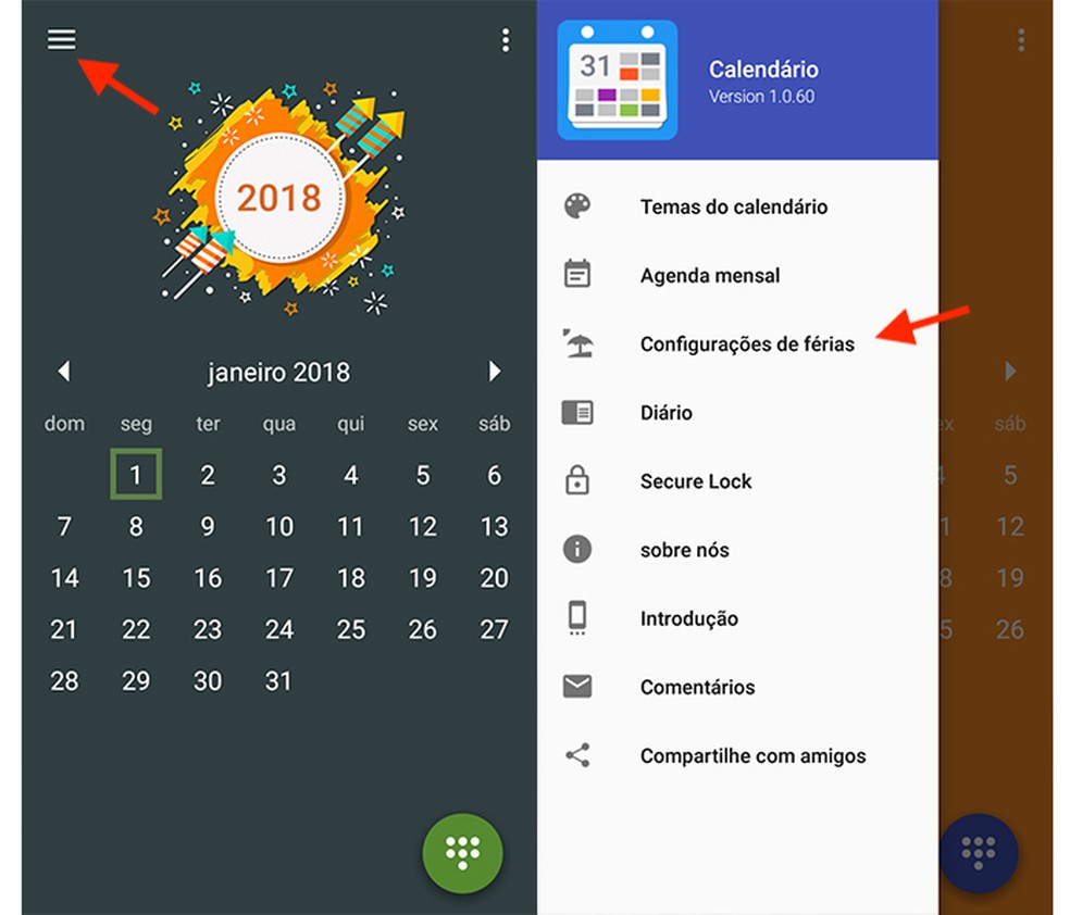Opção para acessar as configurações de férias do app Feriados 2018 (Foto: Reprodução/Marvin Costa)