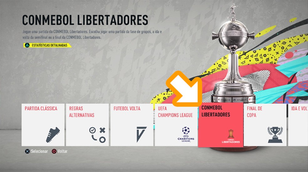 No tipo de partida de Jogo Rápido em Fifa 20 selecione a Conmebol Libertadores — Foto: Reprodução/Rafael Monteiro