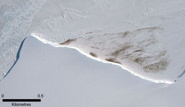 Nessa imagem de satélite de 2015, é possível ver a mancha de guano da colônia Halley Bay (Foto: DIGITALGLOBE, A MAXAR COMPANY)