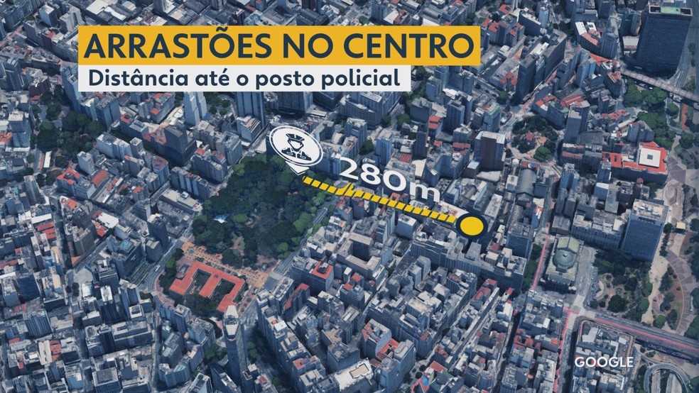 Arrastões contra pedestres no Centro de SP ocorreram a menos de 300 metros de um posto policial — Foto: Reprodução/TV Globo