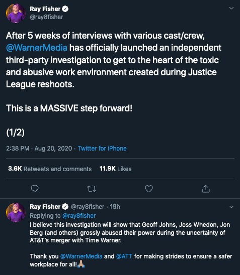 Os posts do ator Ray Fisher celebrando a abertura de uma investigação contra o diretor Joss Whedon e outros responsáveis por Liga da Justiça (2017) (Foto: Twitter)