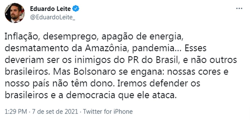 Eduardo Leite critica Jair Bolsonaro em postagem — Foto: Reprodução/Twitter