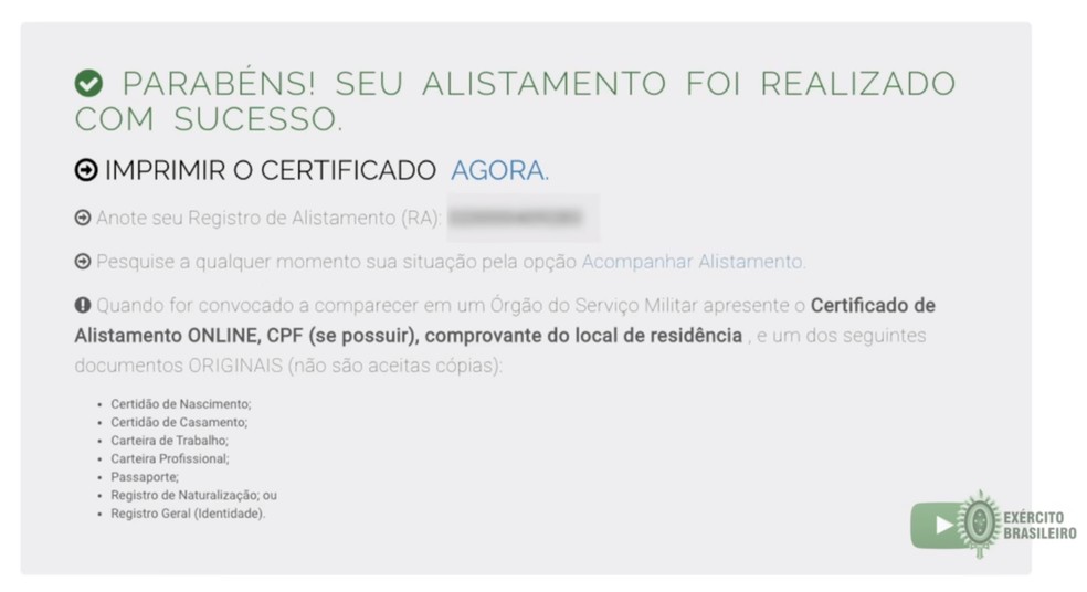 Tela exibida após a submissão do formulário de alistamento — Foto: Reprodução/YouTube (Exército Brasileiro)