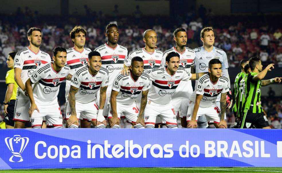 Time do São Paulo antes de jogo contra o América-MG — Foto: Marcos Ribolli
