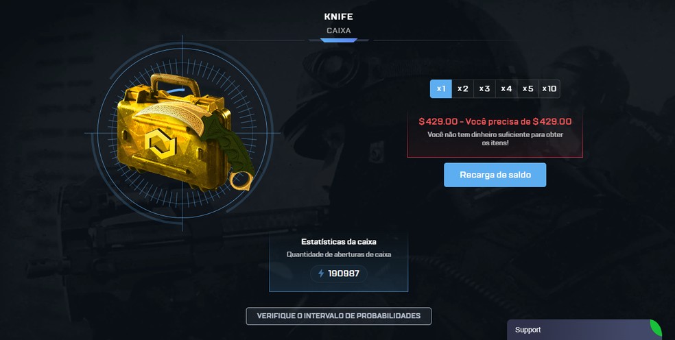 Um dos diferenciais do csgo.net é ter caixas focadas em armas específicas, como uma só para skins de faca — Foto: Reprodução/Bruna Telles