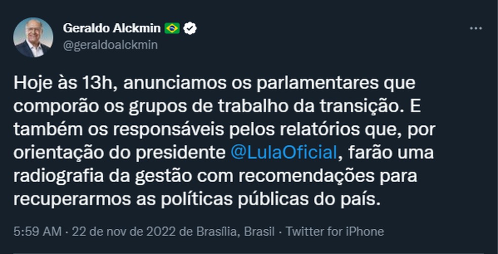 Geraldo Alckmin diz que anunciará nomes de parlamentares que farão parte da equipe de transição — Foto: Reprodução/Twitter