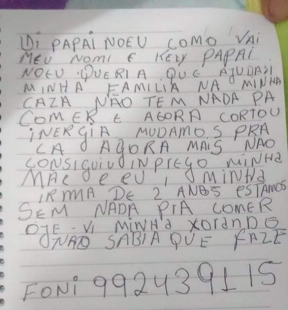 Menina pede ajuda para famÃ­lia que passa dificuldades financeiras â Foto: DivulgaÃ§Ã£o