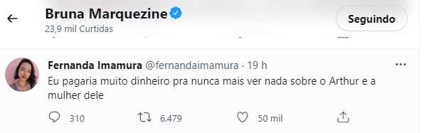 Bruna Marquezine curte post criticando Arthur Aguiar (Foto: Reprodução/Twitter)