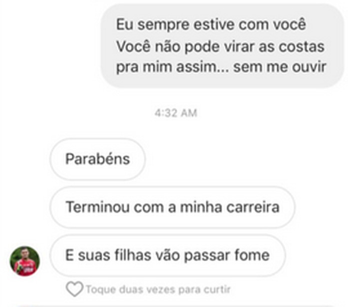 Esposa de Jean posta diálogo com o jogador — Foto: Reprodução