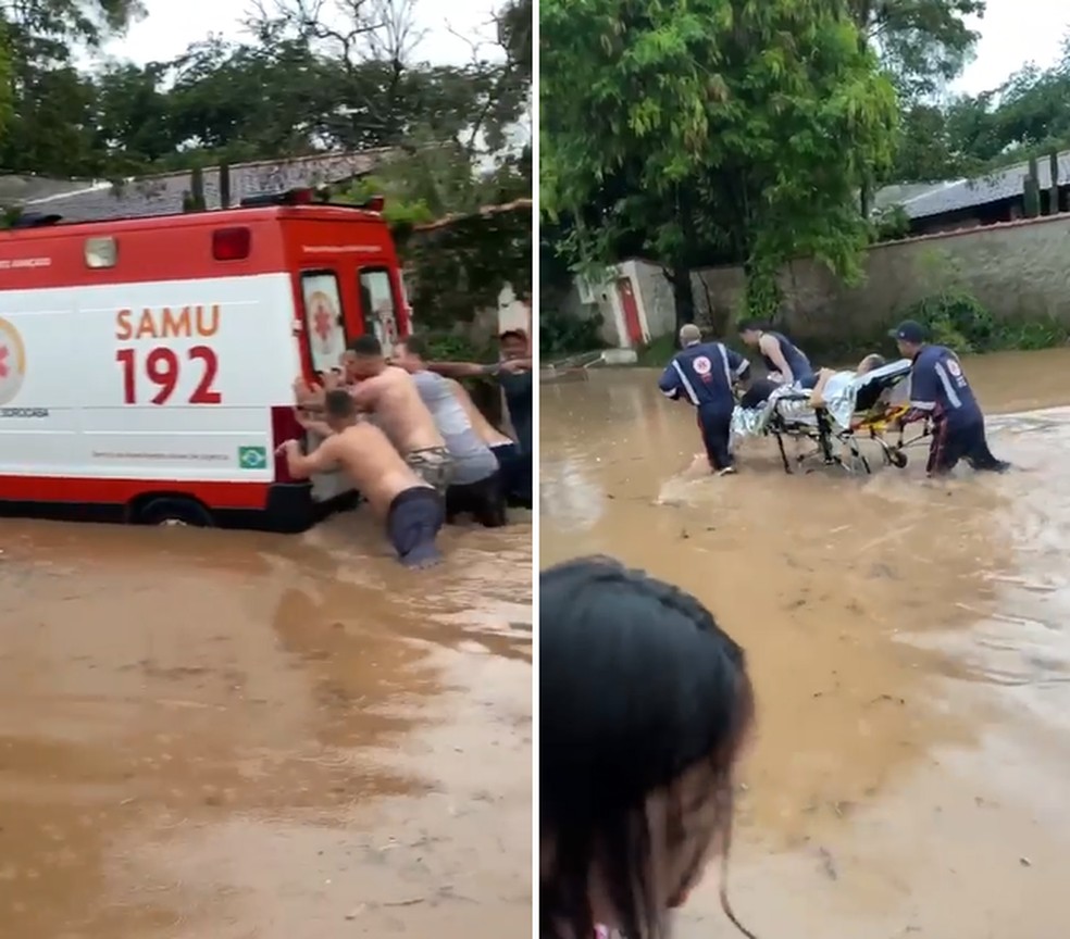 Ambulncia fica presa em alagamento e paciente  transportado em maca por moradores  Foto: Arquivo pessoal