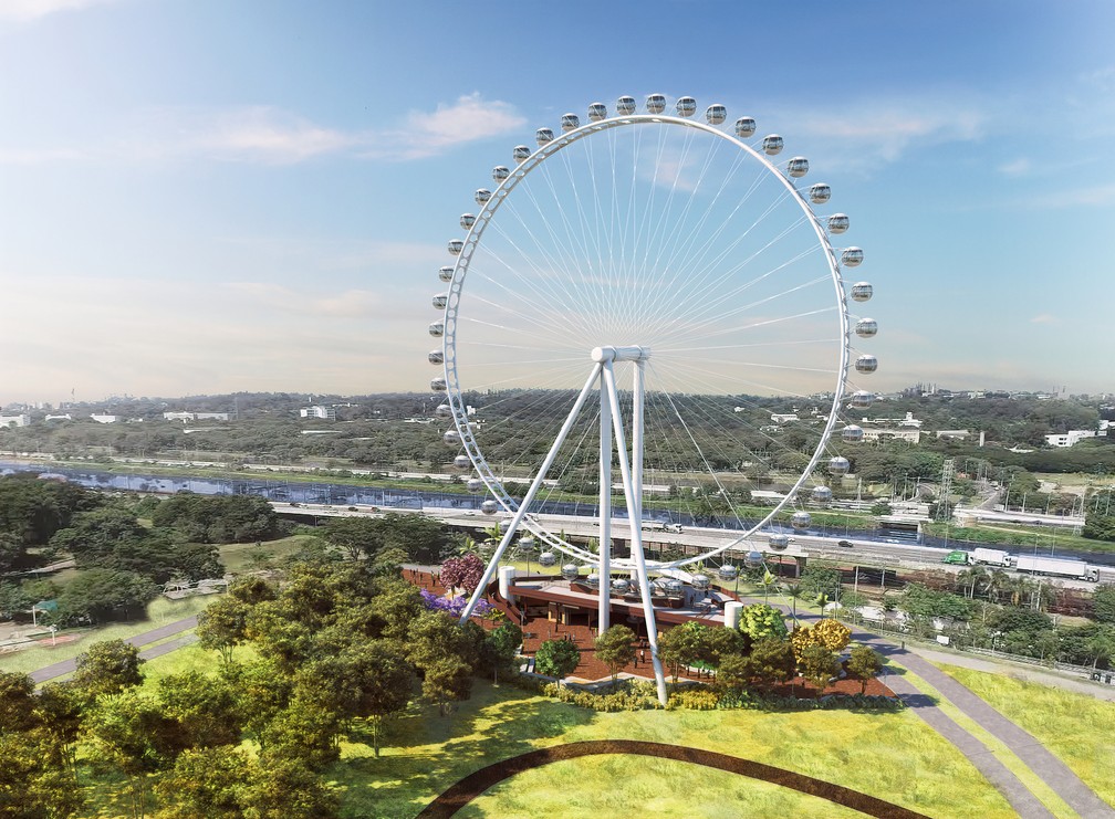Projeção de como ficará a roda gigante de 90 metros que será instalada no Parque Cândido Portinari — Foto: Divulgação/SPBW