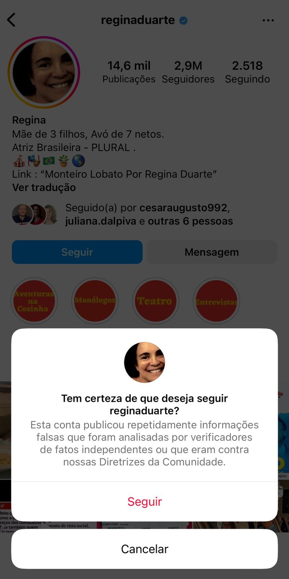 Aviso é feito aos novos seguidores da ex-ministra — Foto: Reprodução/Instagram