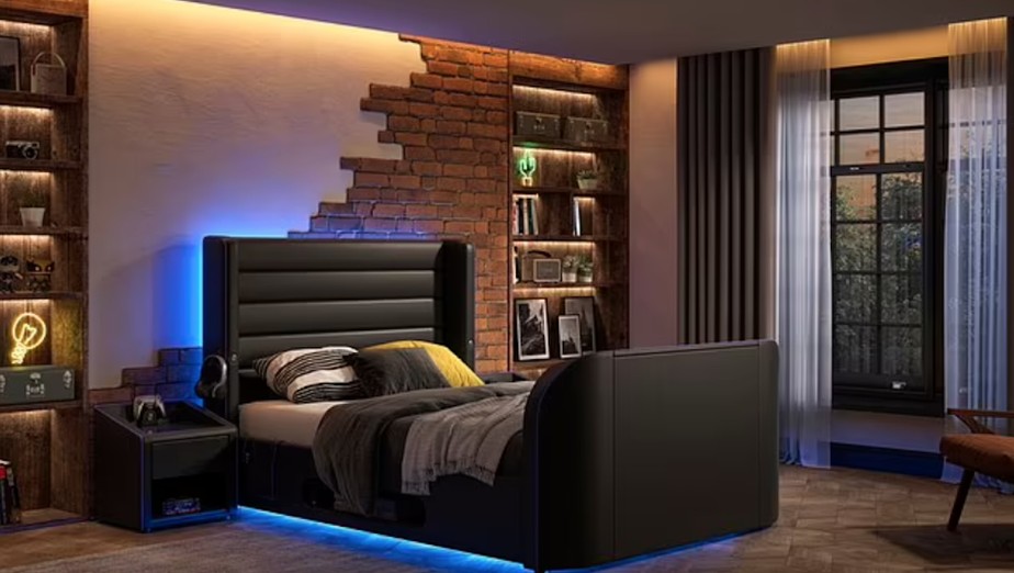 A cama The Drift já vem com TV embutida e é perfeita para compor um quarto genuinamente gamer