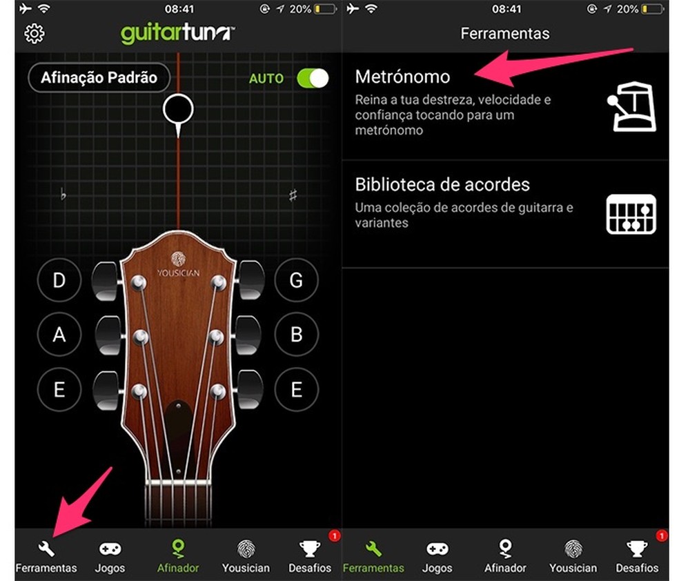 caminho para acessar o metrônomo digital do app GuitarTuna (Foto: Reprodução/Marvin Costa)