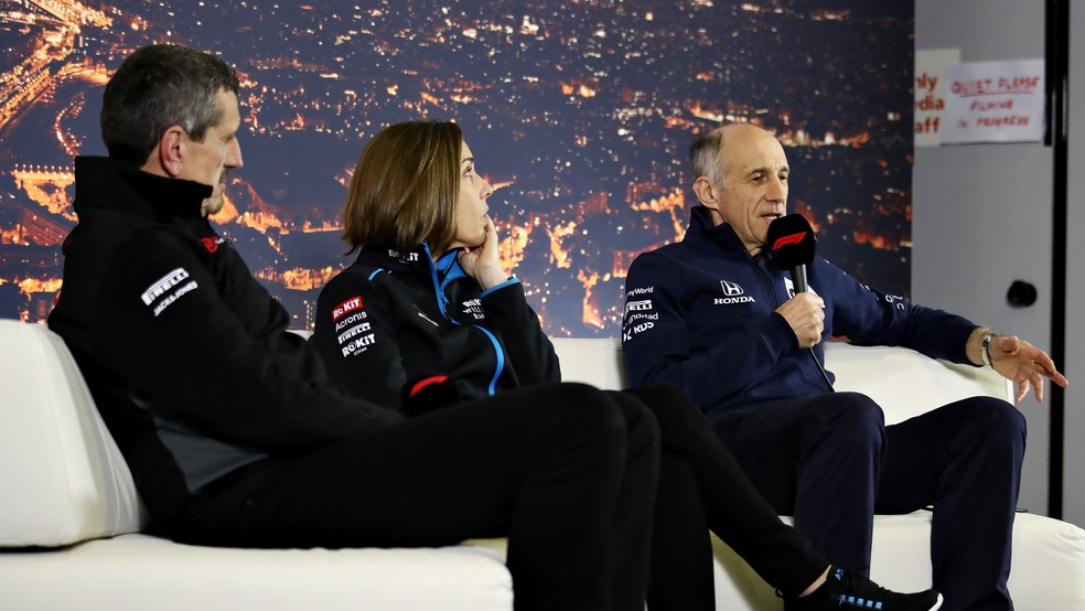 Gunther Steiner, Claire Williams e Franz Tost, chefes de Haas, Williams, e Alpha Tauri — Foto: Getty Images