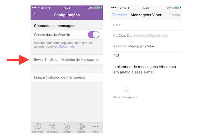 Enviando um backup das conversas do Viber por e-mail (Foto: Reprodução/Marvin Costa)